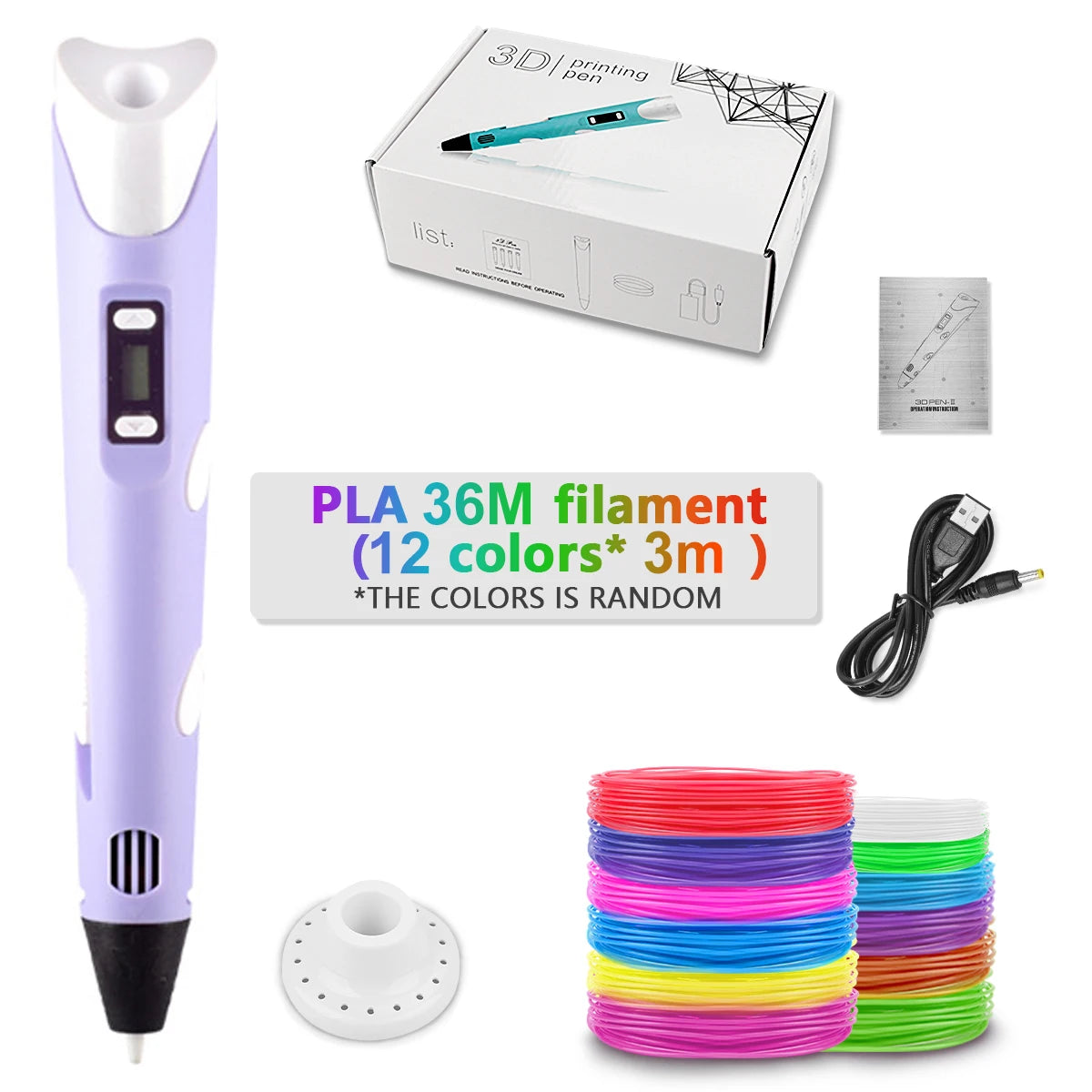 Purple-36M color Children’s 3D Printing Pen With LCD Screen for Creative Drawing