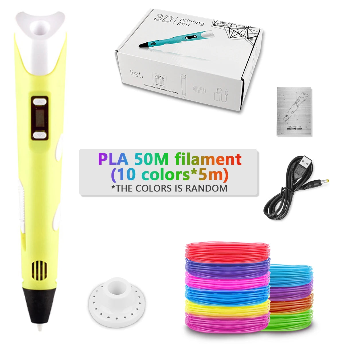 yellow-50M color Children’s 3D Printing Pen With LCD Screen for Creative Drawing