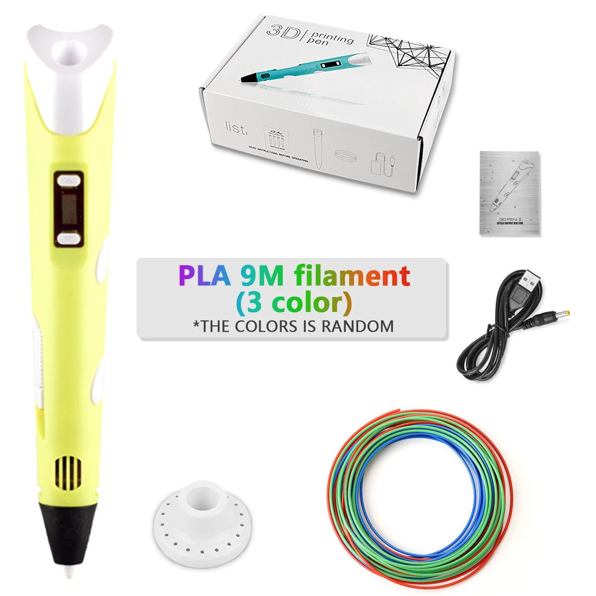 yellow-9M color Children’s 3D Printing Pen With LCD Screen for Creative Drawing